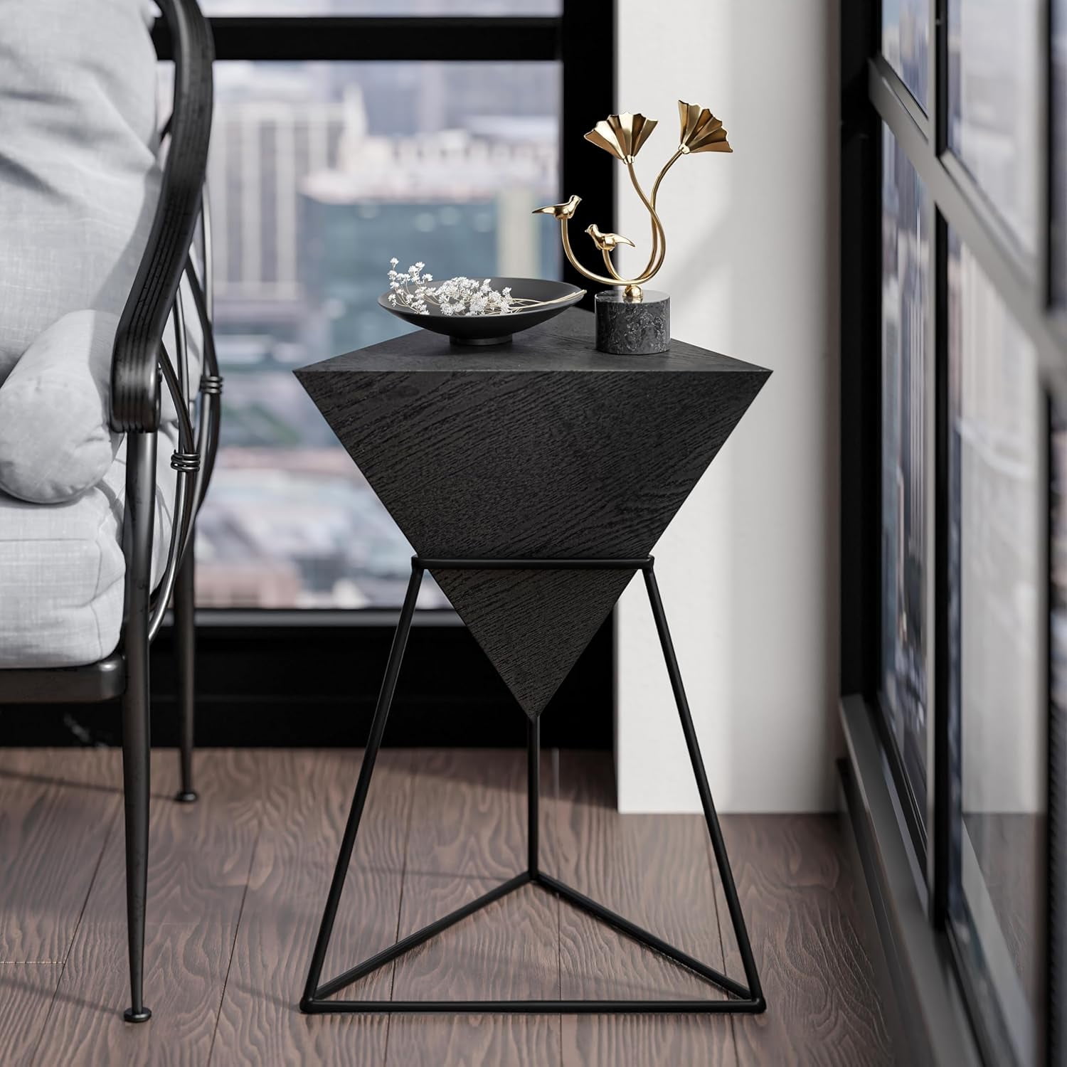 Modern 15.55 in. Black Triangle Wood End Table with Wooden Top and Metal Base