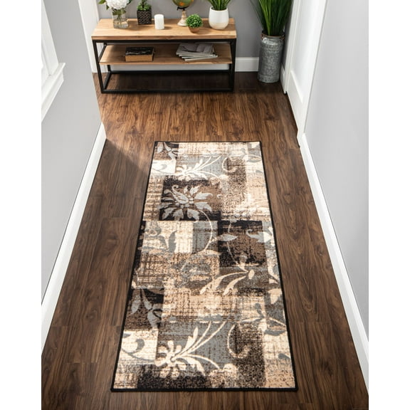 Modern Geometric Floral Patchwork Plush Polypropylene Washable Indoor Runner, 2.6' x 6' by Blue Nile Mills