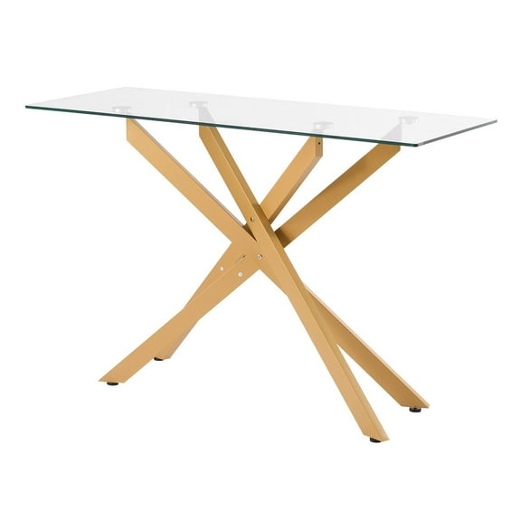 Modern Geometric Glass Console Table with Iron Cross Base,Gold Accent Living Room Desk for Entryway&Foyer - Tempered Top&Adjustable Non-Slip Feet