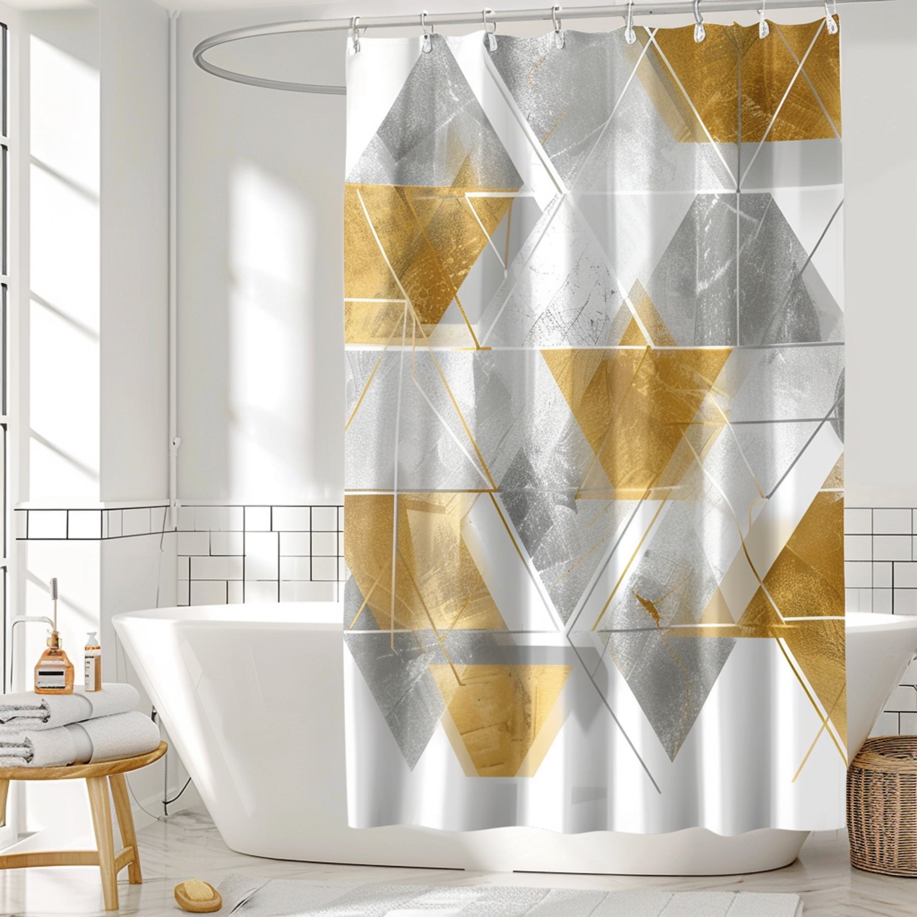 Modern Geometric Gold and Silver Shower Curtain with White Background