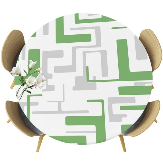 Modern Geometric Green Round Tablecloth 36-44 Inch Round Fitted Table Cloth with Elastic Edge, Abstract Minimalist Artwork Lines Waterproof Table Cover Protector for Outdoor Picnic Party Dining