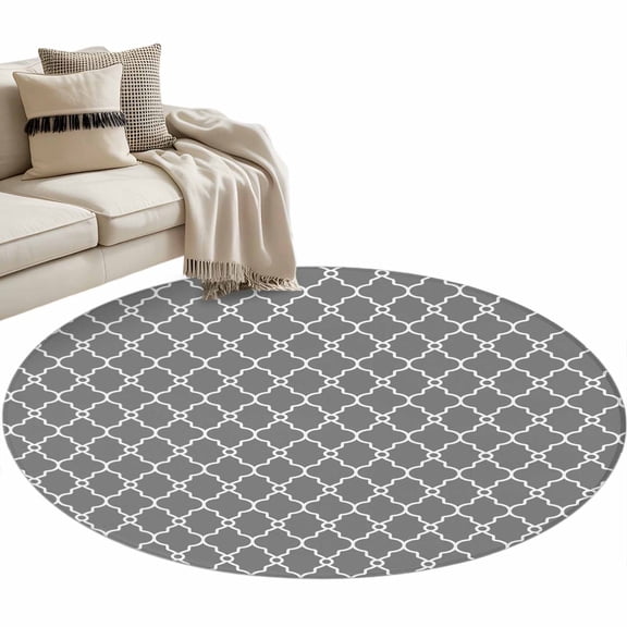 Modern Geometric Grey Round Rug 3.3ft Area Rug Washable Soft Non-Slip 3.3' Circle Low Pile Rugs Abstract Classic Moroccan Minimalist Carpet for Bedroom Living Room Entryway Home Office Dining Room
