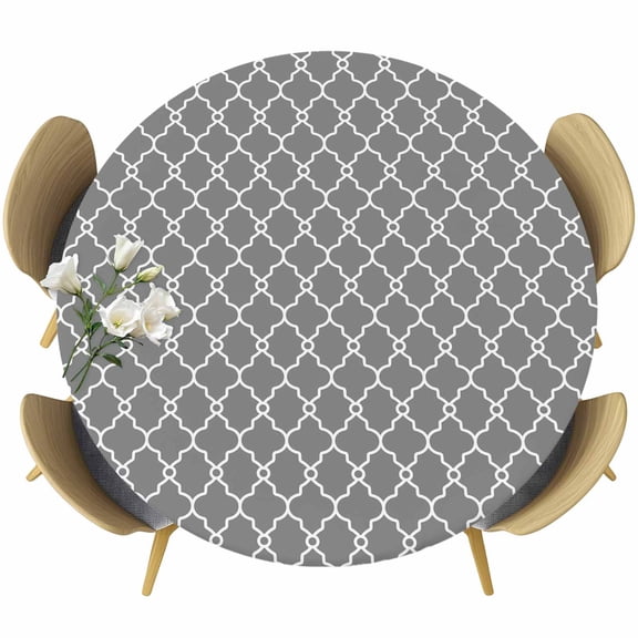 Modern Geometric Grey Round Tablecloth, Fitted Table Cover with Elastic for 45"-54" Round Tables, Abstract Classic Moroccan Minimalist Table Cloth Outdoor Indoor Dinning Party Waterproof Tablecloths