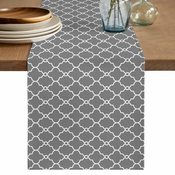 Modern Geometric Grey Table Runner, Abstract Classic Moroccan Minimalist Washable Cotton Linen Table Runners 36 Inches Long, Dresser Scarf Runner for Nightstand/End Tables/Round Tables 13''x36''