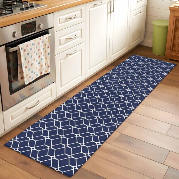 Modern Geometric Hallway Washable Runner Rug 2x6 Blue Color Blocks Abstract Cube Simple Kitchen Runner Mat with Non Slip Backing Low Pile Thin Floor Carpet for Indoor Bedroom Living Room