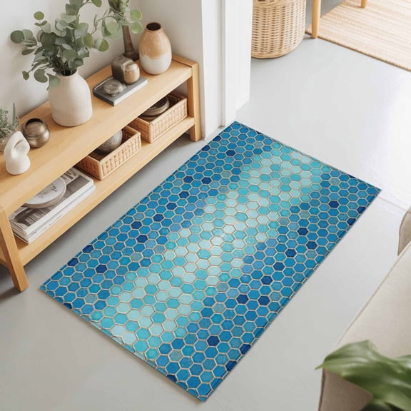 Modern Geometric Hexagon Rectangle Area Rug 2x3ft,Living Room Rug Non-Slip Washable Circle Rugs Pad,Blue Teal Ombre Honeycomb Grid Soft Floor Carpet for Bedroom Dining Room