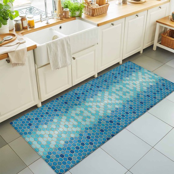 Modern Geometric Hexagon Rectangle Area Rug 2x6ft,Living Room Rug Non-Slip Washable Circle Rugs Pad,Blue Teal Ombre Honeycomb Grid Soft Floor Carpet for Bedroom Dining Room