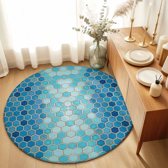 Modern Geometric Hexagon Round Area Rug 3ft,Living Room Rug Non-Slip Washable Circle Rugs Pad,Blue Teal Ombre Honeycomb Grid Soft Floor Carpet for Bedroom Dining Room
