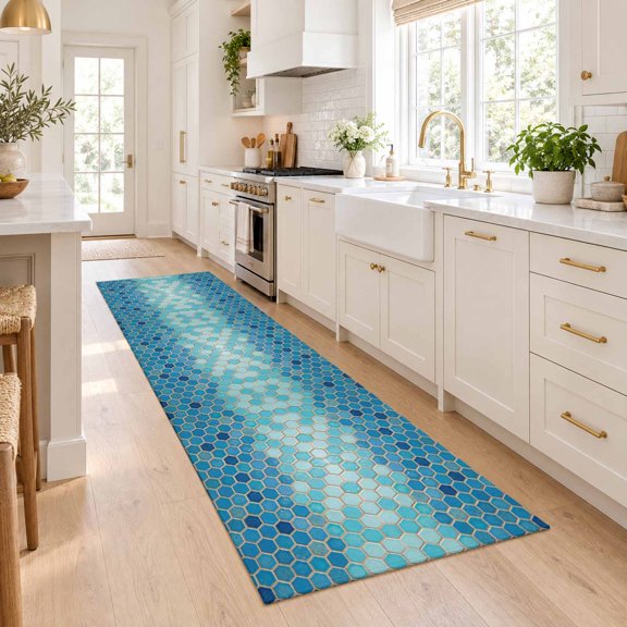 Modern Geometric Hexagon Runner Rug for Kitchen Bedroom Hallway Runner Rugs 2’6‘’x8ft, Blue Teal Ombre Honeycomb Grid Soft Non-Slip Floor Carpet for Entryway Stair Washable Cushion Rug