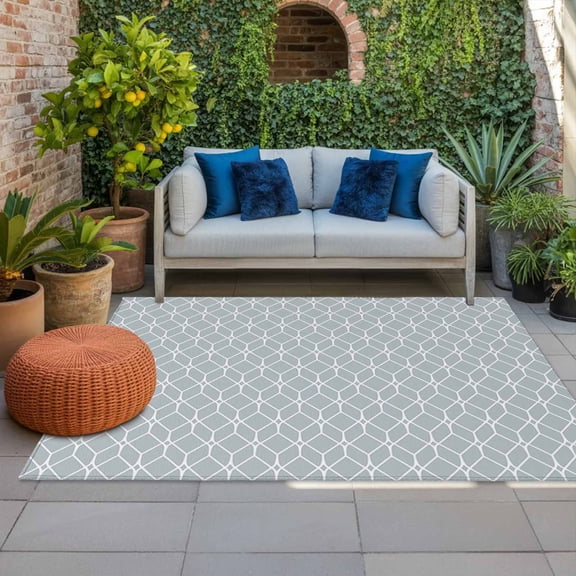 Modern Geometric Indoor Outdoor Rugs 4x6 Ft, Grey Color Blocks Abstract Cube Simple Outdoor Patio Rugs Mat Washable Outside Area Rugs Carpet for Porch Deck RV Camping Pool Balcony Backyard