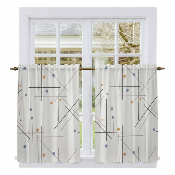 Modern Geometric Kitchen Curtains 54 Inch Length, Minimalist Lines Polka Dots Abstract Beige Tiers Curtains for Bathroom Bedroom Cafe, Light Filtering Small Window Treatment Drapes 2 Panels 42"Wx54"L