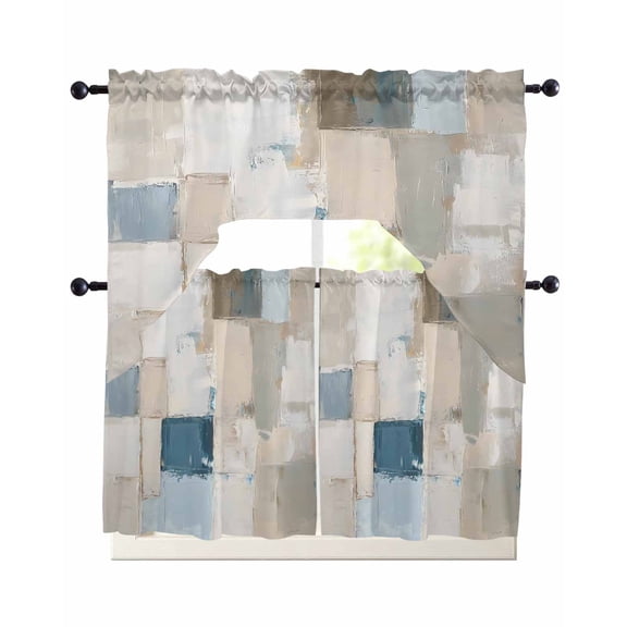 Modern Geometric Kitchen Curtains Sets 24 Inch Length with Valance, Abstract Oil Painting Blue Brown Swag Valances and Tiers Curtain Set Drapes Swag Curtains for Living Room, Bathroom, Bedroom, Cafe