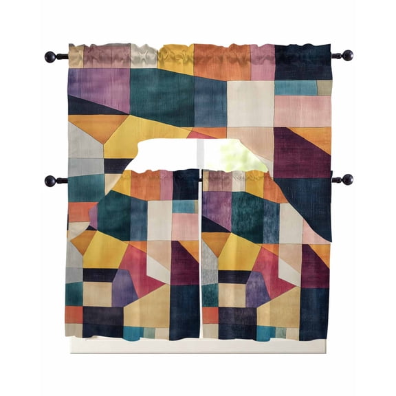 Modern Geometric Kitchen Curtains Swag Valance and Tier Curtains Set 24 Inch Length, Simple Colorful Vintage Color Block Rod Pocket Drape Panels Pair Swag Curtain for Bathroom/Cafe/Window