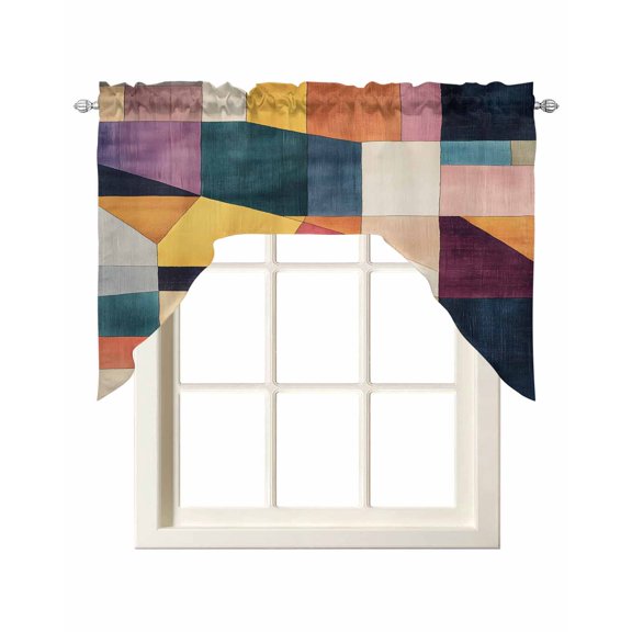 Modern Geometric Kitchen Curtains Swag Valance for Windows/Bathroom/Cafe, Simple Colorful Vintage Color Block Rod Pocket Drape Panel Swag Curtain Valance for Bedroom/Living Room 55''x36''