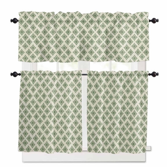 Modern Geometric Kitchen Curtains Valances and Tiers Set of 3, 24 Inch Length Tier Curtains and Valance Rod Pocket Valance Curtains Set for Kitchen Bathroom Small Windows