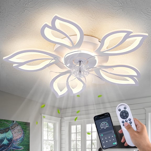 Modern Geometric Leaf Flush Mount Ceiling Fan with Lights Remote Control, 26" White Low Profile for Kitchen Bedroom
