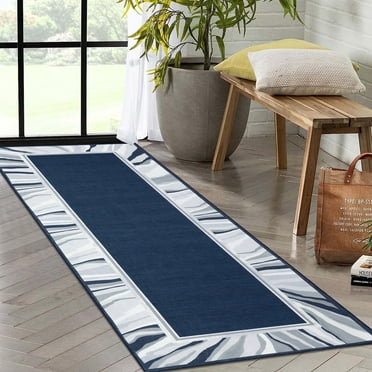 Modern Geometric Low Pile Accent Runner Rugs 2x6ft for Kitchen Bathroom Entryway, Washable, Anti-Slip, Non Shedding, Navy Blue