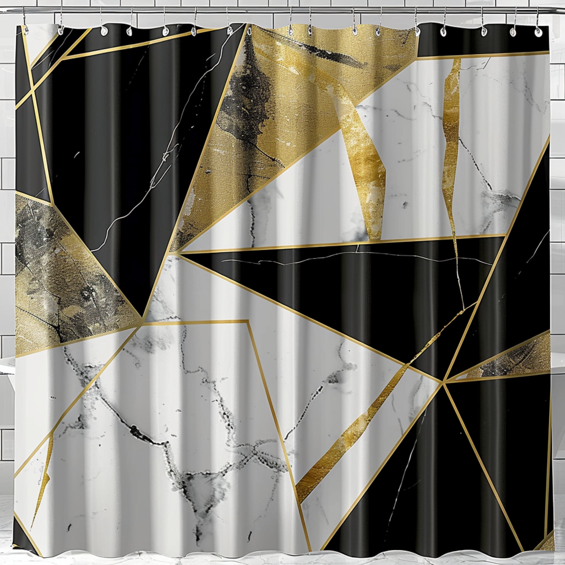 Modern Geometric Marble Shower Curtain Black White Gold Bathroom Decor