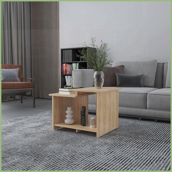 Modern Geometric Natural Oak Coffee Table for Living Room, Open Storage & Easy-Clean Melamine Finish