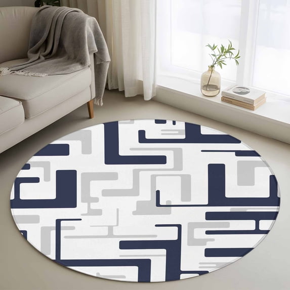 Modern Geometric Navy Blue Round Area Rug 3.3Ft Washable Circle Rugs for Dining Room Table, Abstract Minimalist Artwork Lines Non-Slip Carpet Floor Mats Indoor Outdoor Carpet Runner Home Decor
