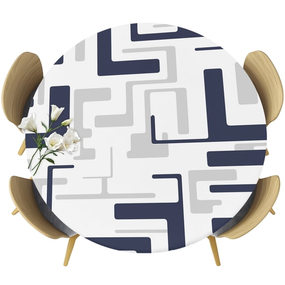 Modern Geometric Navy Blue Round Tablecloth 36-44 Inch Round Fitted Table Cloth with Elastic Edge, Abstract Minimalist Artwork Lines Waterproof Table Cover Protector for Outdoor Picnic Party Dining