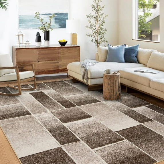 Modern Geometric Patchwork Area Rug 8x10 Large Rugs for Living Room, Soft Throw Carpet Floor Decor for Entryway Dining Room Office Nursery Brown