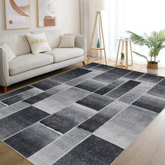 Modern Geometric Patchwork Area Rug 9x12 Large Rugs for Living Room, Soft Throw Carpet Floor Decor for Entryway Dining Room Office Nursery Black