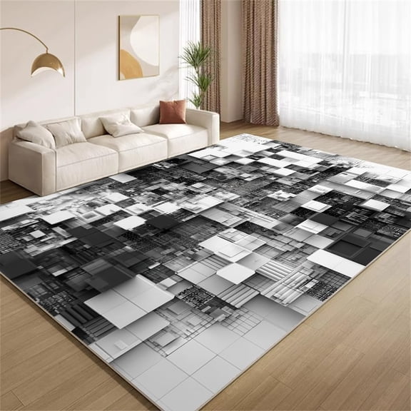 Modern Geometric Patchwork Area Rugs, Gray White Carpet, Washable Non Slip Low Pile Soft Rug for Bedroom Living Room Decor Mat 2ftx3ft