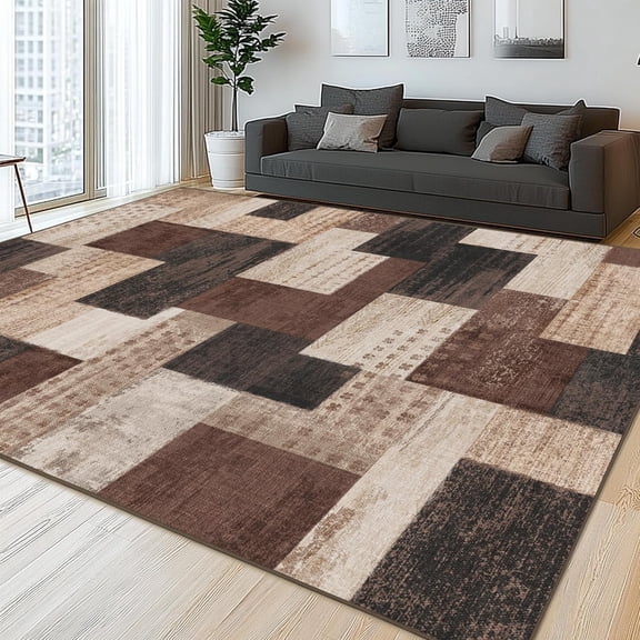 Modern Geometric Patchwork Indoor Area Rug for Living Room, Chocolate Large Rug Rockwood Collection Hardwood Floors Decor for Bedroom, Brown Throw Carpet for Office Entryway Dining Room