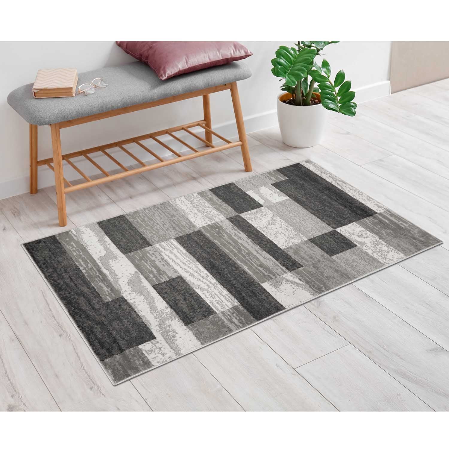 Light Blue and Ivory Geometric Patchwork Washable Rug