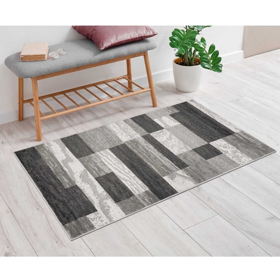 Modern Geometric Patchwork Plush Polypropylene Washable Indoor Area Rug, 2" x 3", Light Blue/Ivory