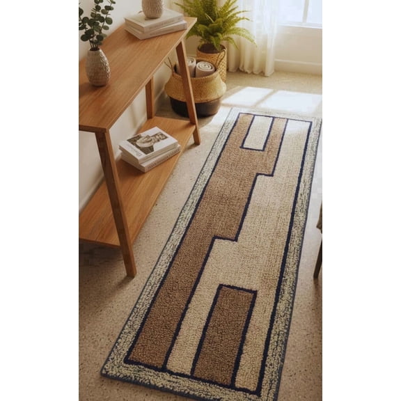 QRIXLOOM ENTERPRISES Beige Brown Wool Runner Rug Modern Geometric Pattern Blue Border Soft Indoor Rug Standard Size