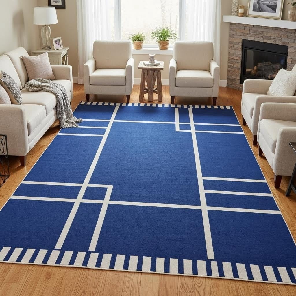 Lined Pattern Rug Modern Geometric Patterns Blue Rug Minimalist Line Art Deco Abstract ...