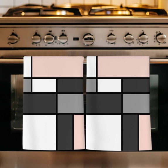 Modern Geometric Pink Black Kitchen Towels Set of 3, Abstract Minimalist Color Blocks Absorbent Dish Towels for Kitchen, Microfiber Hand Towel, Quick Drying Tea Towel for Cleaning Dishcloths