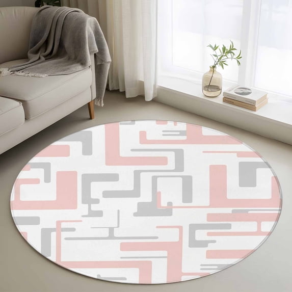 Modern Geometric Pink Round Area Rug 4Ft Washable Circle Rugs for Bedroom Dining Room, Abstract Minimalist Artwork Lines Non-Slip Carpet Floor Mats Indoor Outdoor Carpet Runner Aesthetic Home Decor