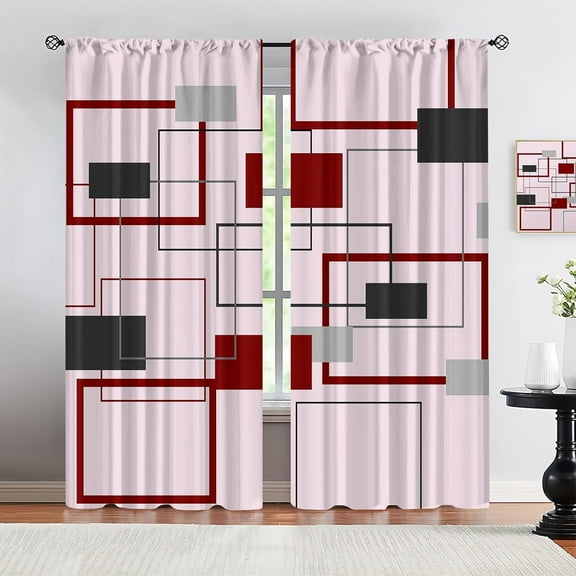 Modern Geometric Plaid Extra Long Blackout Curtains, Medieval Minimalism Pink Background Room Darkening Rod Pocket Curtains, Home Door Curtains for Door Window Apply to Indoor Outdoor-W42xL63in