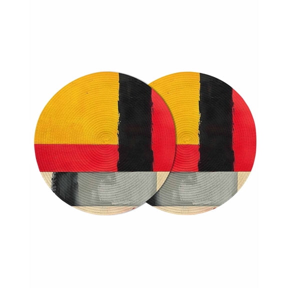 Modern Geometric Round 13 Inch Placemats Set of 2, Yellow Red Black Abstract Art Contemporary HeatResistant Non Slip Place Mats for Dining Table, Wipeable Braided Kitchen Table Mats for Housewarming