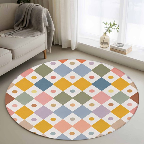 Modern Geometric Round Area Rug 4ft, Colorful Polka Dots Rhombus Checkered Washable Non-Slip Circle Rugs for Bedroom Living Room Kitchen, Soft Non Shedding Circle Carpet for Dining Room Dorm