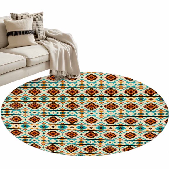 Modern Geometric Round Rug 3.3ft Washable Circle Entryway Rugs Non Slip Abstract Ethnic Morocco Orange Green Area Rug Indoor Carpet for Bedroom Kitchen Living Room Home Office Dining Room Nursery