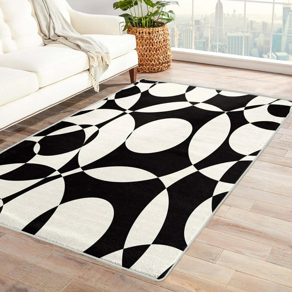 Modern Geometric Rug Washable Mid Century Rugs For Living Room Bedroom, Black And White Area Rug For Home Decor, Non Slip Backing Floor Carpet 4x6ft