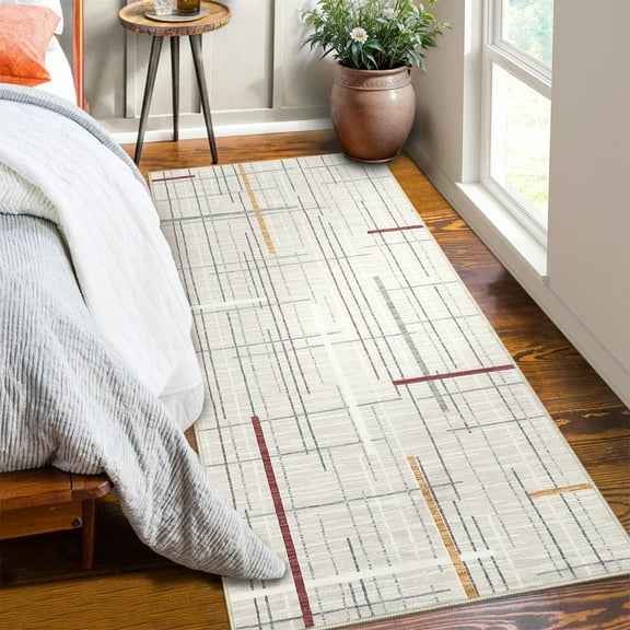 Modern Geometric Runner Rug, 2x6 Low-Pile Washable Non-Slip Throw Rug, Ultra Soft Stain Resistant Abstract Striped Carpet for Kitchen Entryway Hallway