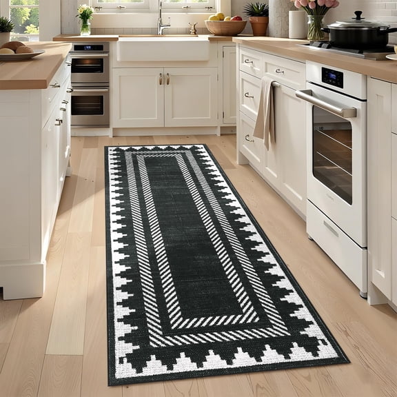 Modern Geometric Runner Rug 2x6 Washable Hallway Runner Rugs Black Unique Bordered Neutral Accent Rug Non Slip, Non Shedding Low Pile Kitchen Mat, Soft Low Pile Neutral Carpet for Laundry