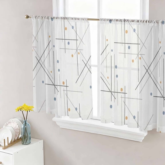 Modern Geometric Sheer Curtains 54 Inch Length 2 Panels Set, Minimalist Lines Polka Dots Abstract Beige Voile Window Treatment Rod Pocket Short Kitchen Curtains Drapes for Bedroom 52"x54"x2