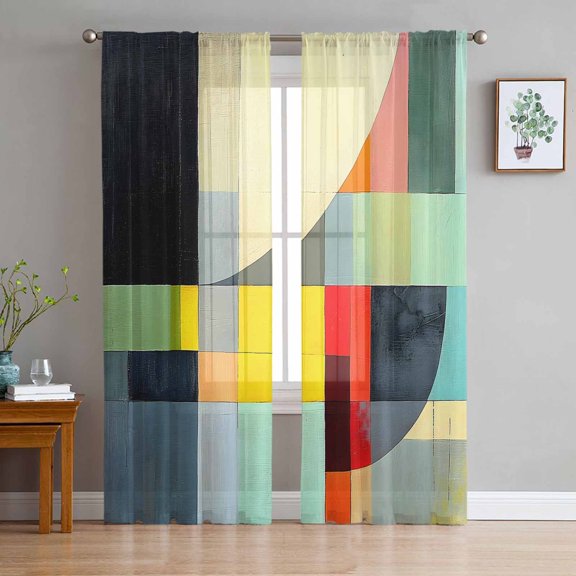 Modern Geometric Sheer Curtains 96 Inch Length 2 Panels Set for Living Room/Bedroom, Contemporary Abstract Art Vintage Semi Curtain Sheers Drapes Rod Pocket Curtains Window Treatment Set 52''x96''x2