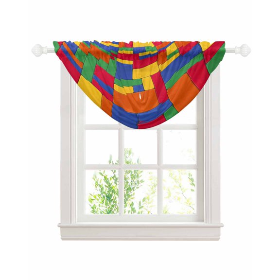 Modern Geometric Sheer Waterfall Valance Curtains for Window, Abstract Colorful Blocks Artwork Rod Pocket Sheer Topper Swag Curtains for Living Room, Kitchen 38.5"W x 47.2"L, 1 Panel