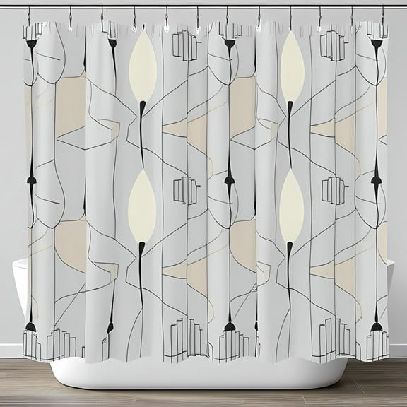Modern Geometric Shower Curtain - Abstract Shapes in Gray Beige & Black - Minimalist Design for Contemporary Bathrooms