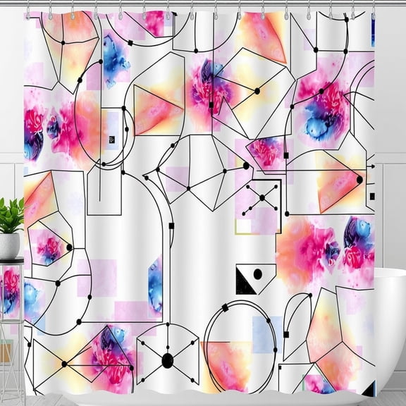 Modern Geometric Shower Curtain - Black Outline Shapes on Watercolor Splashes - Abstract Design in Pink, Yellow, Blue