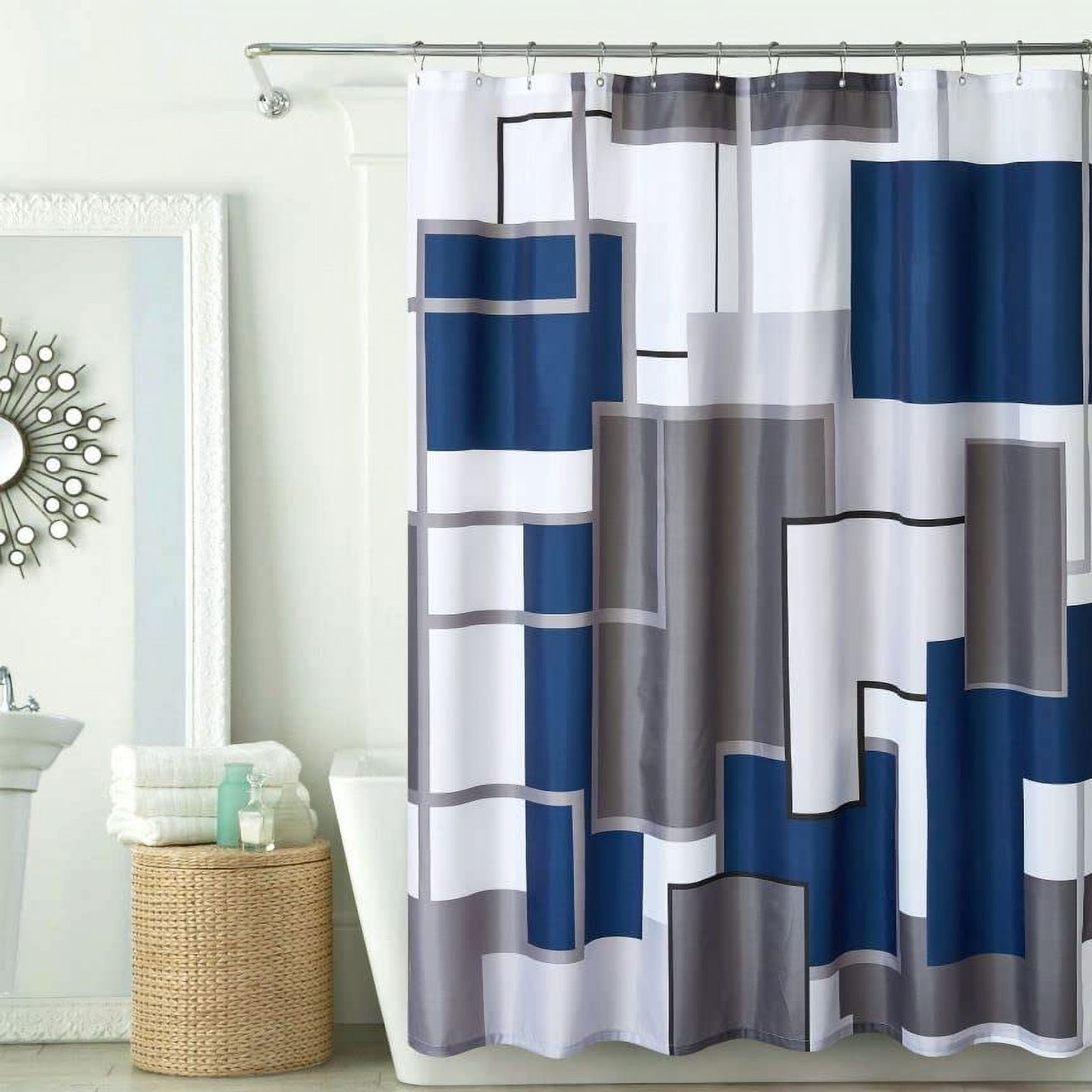 Modern Geometric Shower Curtain Blue,Blue and Black White Waterproof Shower Curtain Set for Bathroom Restroom with 12 Metal Hooks, 72 x 72 inch
