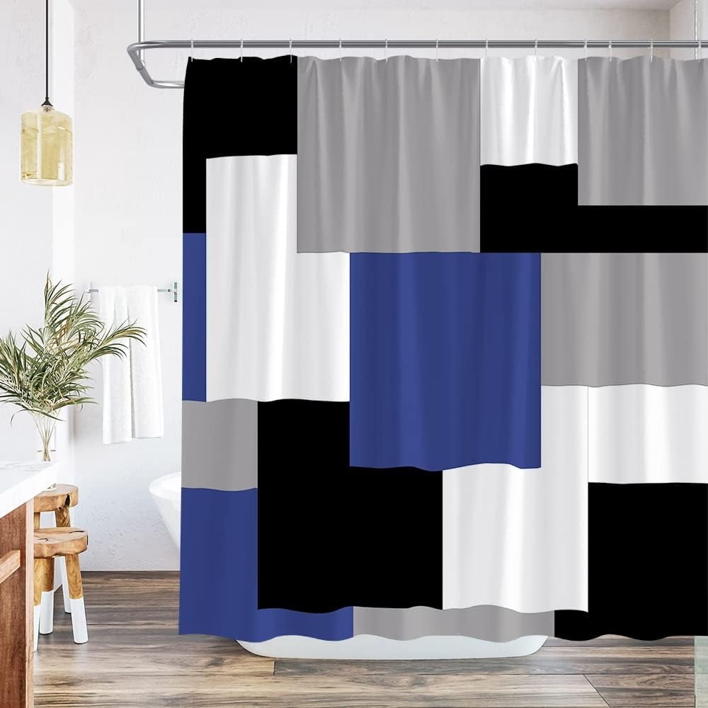 Modern Geometric Shower Curtain Blue and Gray White Black Bathroom Accessories Decor Polyester Bath Curtain Textured Fabric with Hooks Machine Washable 36Wx70H Inch