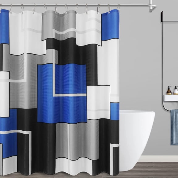 Modern Geometric Shower Curtain Blue, Water Repellent, Polyester Bath Curtain for Bathroom, Textured Fabric Curtain Set with 12 Hooks, Machine Washable, 72 x 72 inch
